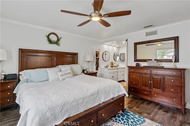 805 W Brentwood Ave, Orange, CA 92865 - bedroom featuring crown molding, dark wood-type flooring, and a ceiling fan