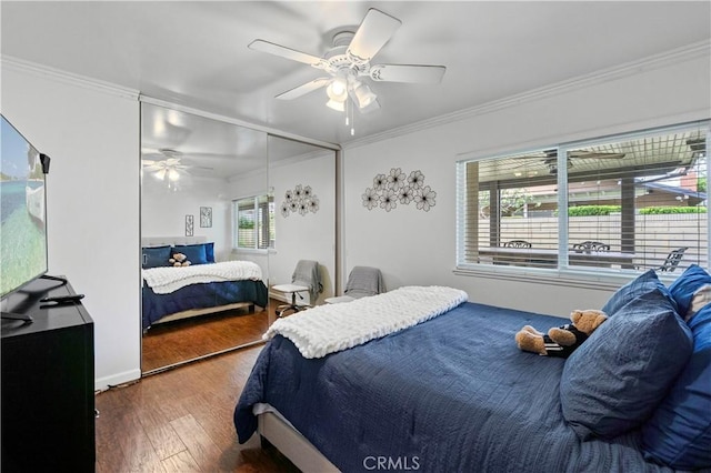 805 W Brentwood Ave, Orange, CA 92865 - bedroom featuring wood finished floors, ornamental molding, a ceiling fan, and a closet