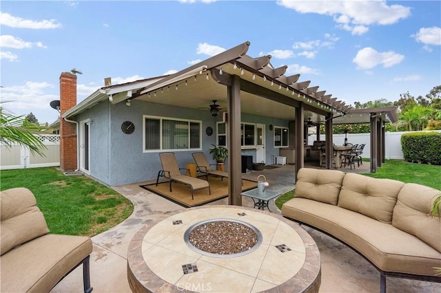 805 W Brentwood Ave, Orange, CA 92865 - fenced backyard featuring an outdoor living space with a fire pit, a patio area, and ceiling fan