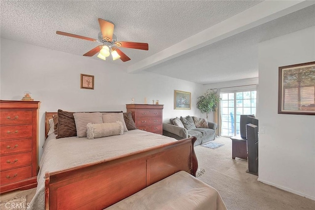 6087 Academy Ave, Riverside, CA 92506 - bedroom with beamed ceiling, a textured ceiling, a ceiling fan, light carpet, and baseboards