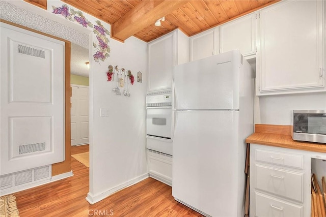 6087 Academy Ave, Riverside, CA 92506 - kitchen featuring white appliances, white cabinetry, light wood-style floors, visible vents, and wooden ceiling