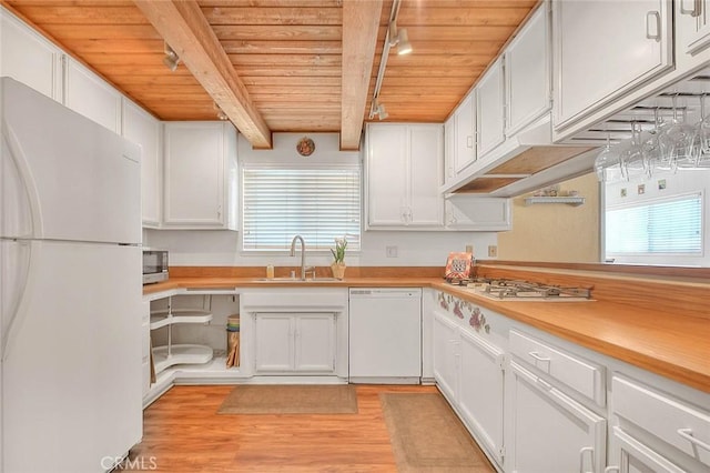 6087 Academy Ave, Riverside, CA 92506 - kitchen with white cabinets, a sink, light wood-type flooring, white appliances, and wood ceiling