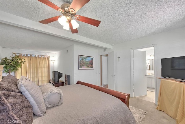 6087 Academy Ave, Riverside, CA 92506 - bedroom with a textured ceiling, ensuite bathroom, light colored carpet, and a ceiling fan