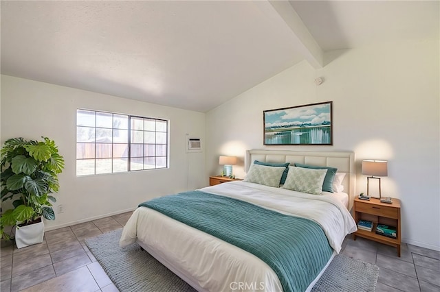 tiled bedroom featuring baseboards and vaulted ceiling with beams