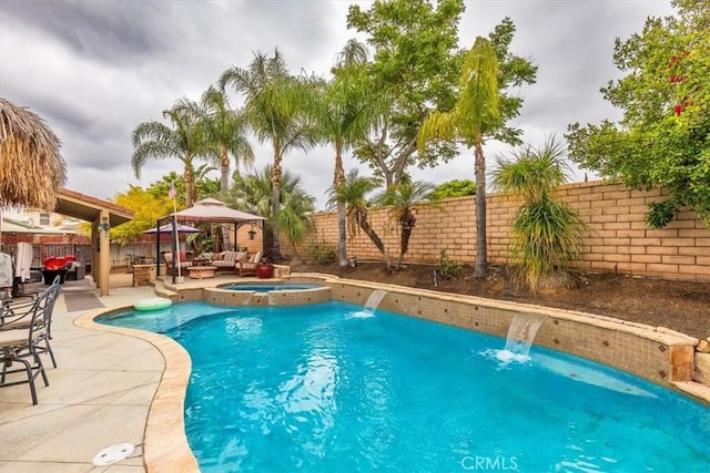 29567 Cool Meadow Dr, Menifee, CA 92584 - view of pool featuring an outdoor living space, a patio, a fenced backyard, a gazebo, and a pool with connected hot tub