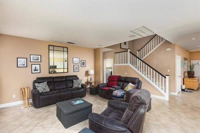 29567 Cool Meadow Dr, Menifee, CA 92584 - living area with light tile patterned floors, stairway, and recessed lighting