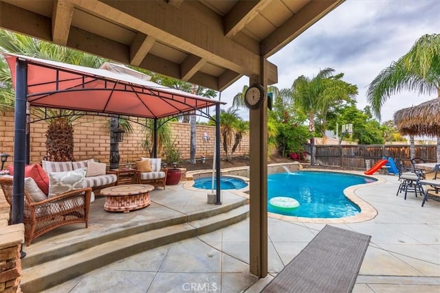 29567 Cool Meadow Dr, Menifee, CA 92584 - view of pool with a gazebo, outdoor lounge area, a patio area, and a fenced backyard