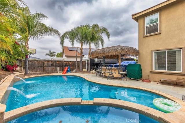 29567 Cool Meadow Dr, Menifee, CA 92584 - view of swimming pool with a fenced backyard, a gazebo, a patio area, and a pool with connected hot tub