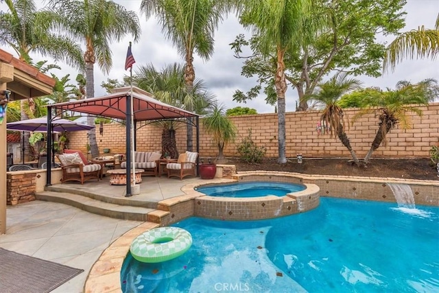 29567 Cool Meadow Dr, Menifee, CA 92584 - view of pool featuring an outdoor living space, a gazebo, a fenced backyard, a patio, and a pool with connected hot tub