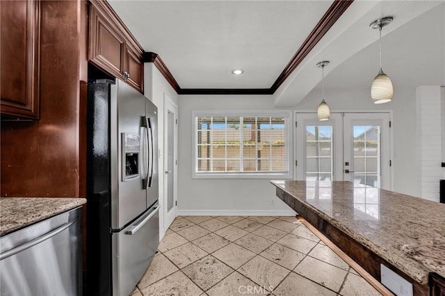 12195 Monte Vista Ave, Chino, CA 91710 - kitchen with crown molding, stainless steel appliances, decorative light fixtures, french doors, and baseboards