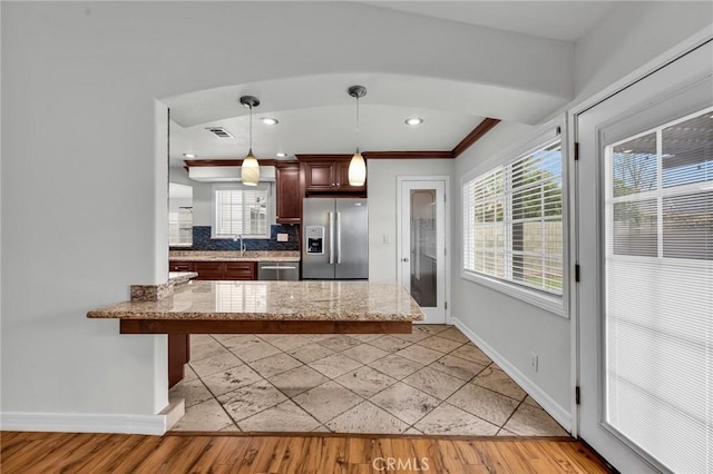 12195 Monte Vista Ave, Chino, CA 91710 - kitchen featuring visible vents, baseboards, a sink, appliances with stainless steel finishes, and backsplash