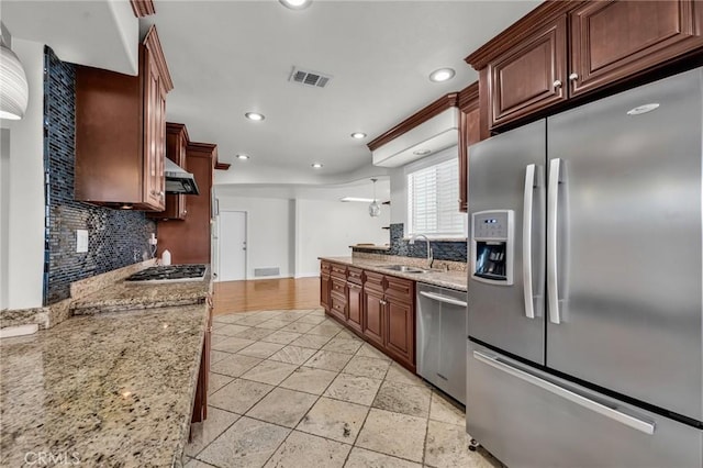 12195 Monte Vista Ave, Chino, CA 91710 - kitchen with tasteful backsplash, visible vents, recessed lighting, a sink, and stainless steel appliances