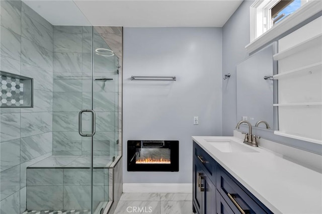 12195 Monte Vista Ave, Chino, CA 91710 - full bath featuring baseboards, vanity, a lit fireplace, marble finish floor, and a stall shower