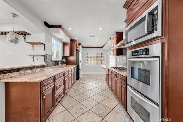 12195 Monte Vista Ave, Chino, CA 91710 - kitchen with open shelves, a sink, crown molding, stainless steel appliances, and backsplash