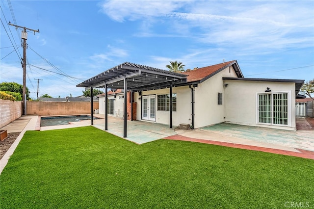 12195 Monte Vista Ave, Chino, CA 91710 - rear view of property featuring a patio, a pergola, french doors, a fenced backyard, and a lawn