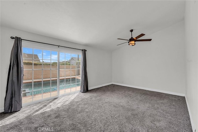 12195 Monte Vista Ave, Chino, CA 91710 - empty room featuring ceiling fan, baseboards, lofted ceiling, and carpet floors