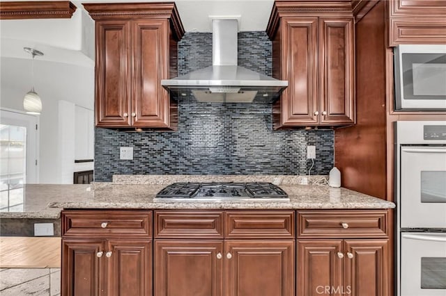 12195 Monte Vista Ave, Chino, CA 91710 - kitchen featuring decorative backsplash, light stone countertops, wall chimney exhaust hood, and stainless steel appliances