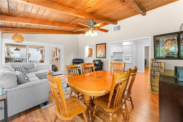 dining room featuring visible vents, wood ceiling, light wood-style flooring, and ceiling fan