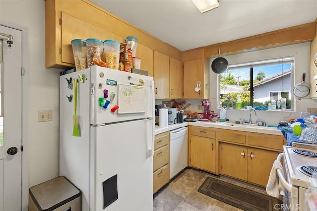 kitchen featuring decorative backsplash, tile counters, a sink, and white appliances