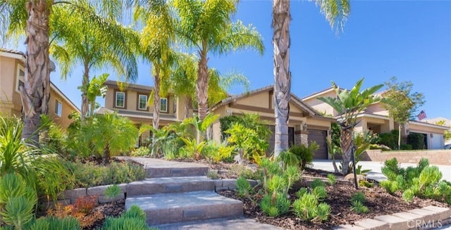 24963 Sunset Vista Ave, Menifee, CA 92584 - view of property hidden behind natural elements with stucco siding, an attached garage, and concrete driveway