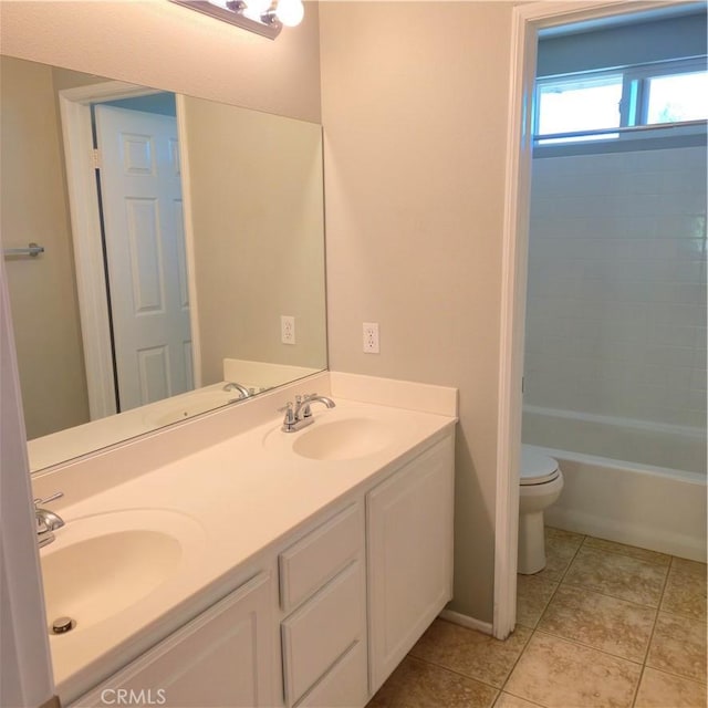 24963 Sunset Vista Ave, Menifee, CA 92584 - full bath featuring double vanity, tile patterned floors, toilet, and washtub / shower combination