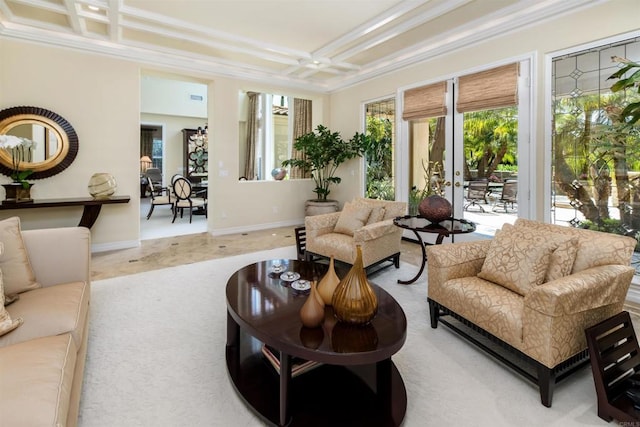 sunroom / solarium featuring beamed ceiling and coffered ceiling