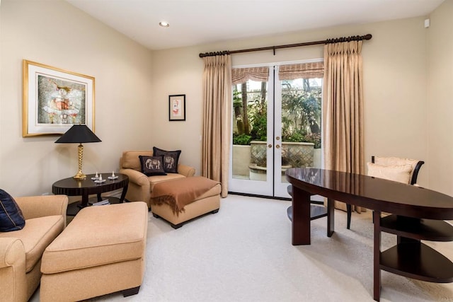 office space with light carpet, recessed lighting, and french doors