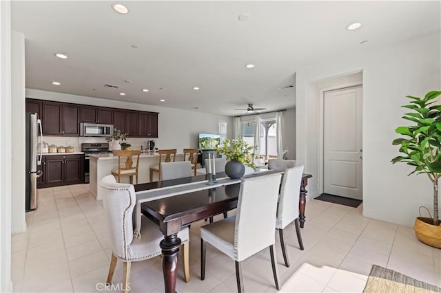 dining room with recessed lighting, light tile patterned floors, and a ceiling fan