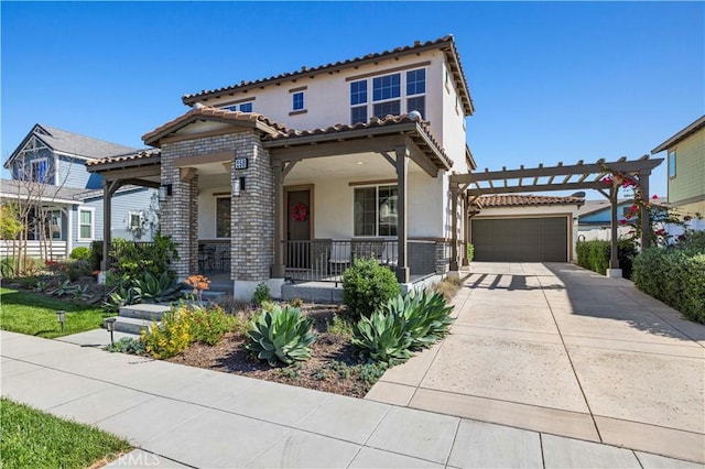 mediterranean / spanish-style home featuring a pergola, a tiled roof, a porch, concrete driveway, and stucco siding