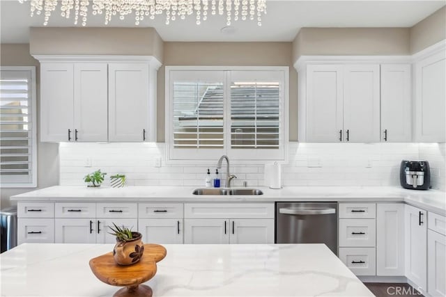 kitchen featuring white cabinets, dishwasher, a sink, and decorative backsplash