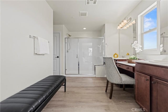 11102 Duran, Jurupa Valley, CA 91752 - full bath with visible vents, a stall shower, wood finished floors, and vanity