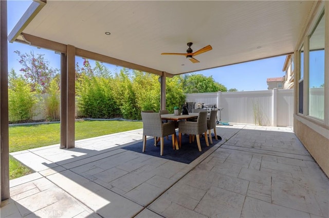 11102 Duran, Jurupa Valley, CA 91752 - view of patio / terrace featuring ceiling fan, fence, and outdoor dining area