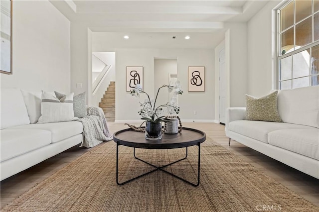 11102 Duran, Jurupa Valley, CA 91752 - living area featuring recessed lighting, baseboards, stairway, and wood finished floors