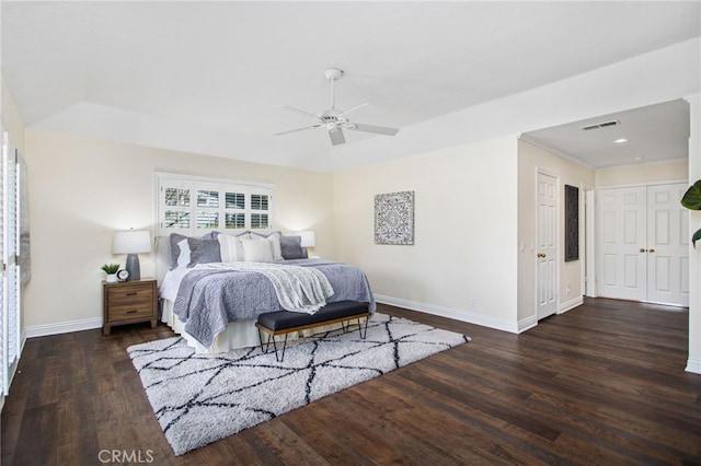 22316 Bear Creek Dr S, Murrieta, CA 92562 - bedroom with recessed lighting, wood finished floors, visible vents, baseboards, and ceiling fan