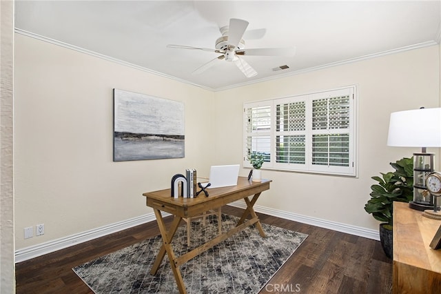 22316 Bear Creek Dr S, Murrieta, CA 92562 - office area featuring baseboards, visible vents, wood finished floors, ceiling fan, and crown molding
