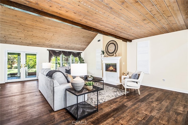 22316 Bear Creek Dr S, Murrieta, CA 92562 - living area featuring lofted ceiling with beams, wood finished floors, wood ceiling, and a fireplace with flush hearth