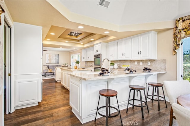 22316 Bear Creek Dr S, Murrieta, CA 92562 - kitchen featuring a peninsula, tasteful backsplash, a tray ceiling, and visible vents