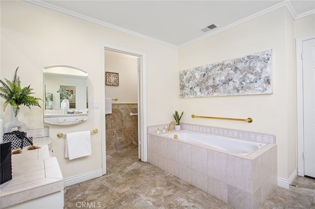 22316 Bear Creek Dr S, Murrieta, CA 92562 - bathroom featuring a bath, walk in shower, visible vents, and ornamental molding