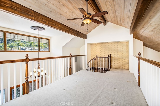 22316 Bear Creek Dr S, Murrieta, CA 92562 - additional living space with lofted ceiling with beams, carpet, wood ceiling, and ceiling fan