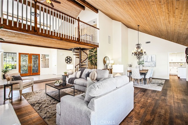 22316 Bear Creek Dr S, Murrieta, CA 92562 - living room featuring high vaulted ceiling, stairway, ceiling fan with notable chandelier, wooden ceiling, and dark wood-style flooring