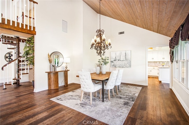 22316 Bear Creek Dr S, Murrieta, CA 92562 - dining area featuring dark wood finished floors, visible vents, baseboards, a chandelier, and high vaulted ceiling