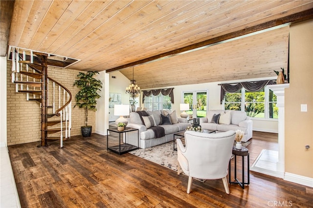 22316 Bear Creek Dr S, Murrieta, CA 92562 - living room with brick wall, baseboards, wood finished floors, and vaulted ceiling with beams