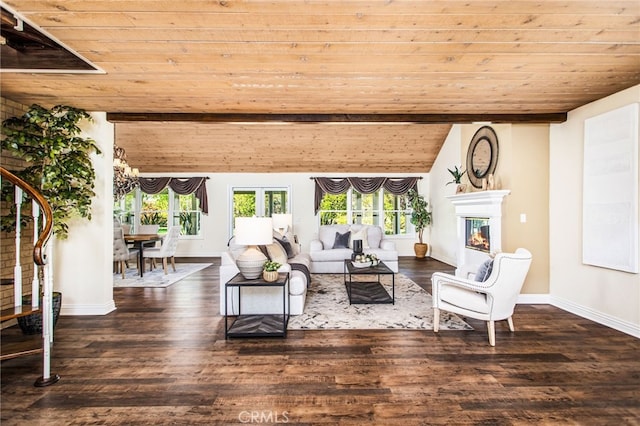 22316 Bear Creek Dr S, Murrieta, CA 92562 - living room with a glass covered fireplace, wooden ceiling, and an inviting chandelier