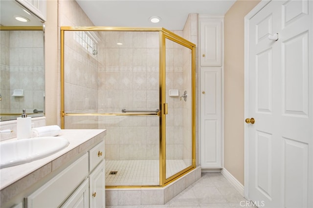 22316 Bear Creek Dr S, Murrieta, CA 92562 - full bathroom with baseboards, recessed lighting, vanity, and a stall shower