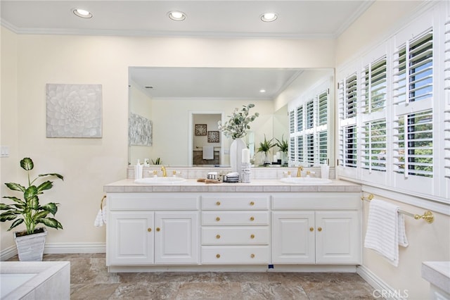 22316 Bear Creek Dr S, Murrieta, CA 92562 - bathroom featuring a sink, double vanity, and crown molding