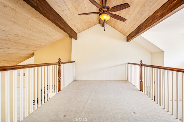 22316 Bear Creek Dr S, Murrieta, CA 92562 - hallway featuring carpet flooring, vaulted ceiling with beams, and wood ceiling