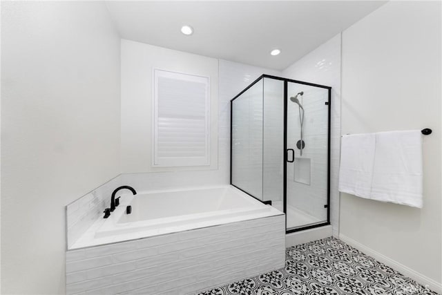16015 Almond Ave, Chino, CA 91708 - bathroom with recessed lighting, a bath, tile patterned floors, a stall shower, and baseboards