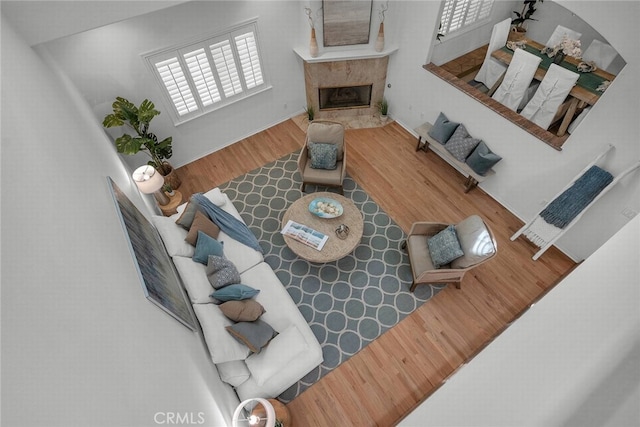 living area with plenty of natural light, wood finished floors, and a premium fireplace