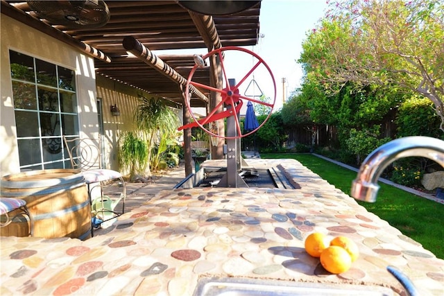 view of patio / terrace with a fenced backyard and a pergola