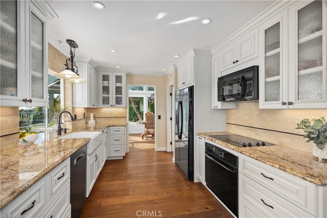2107 Camino Laurel, San Clemente, CA 92673 - kitchen featuring black appliances, tasteful backsplash, white cabinetry, recessed lighting, and ornamental molding